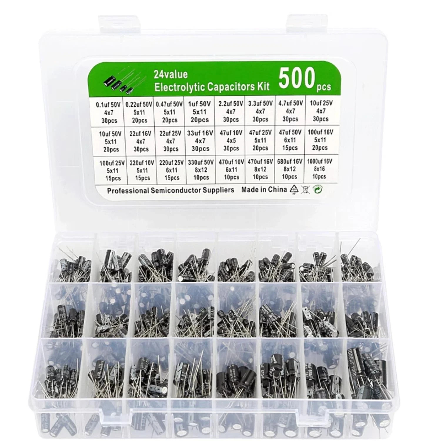 500PCS Electrolytic Capacitor Kit 24 Values 0.1uF-1000uF 10V-50V