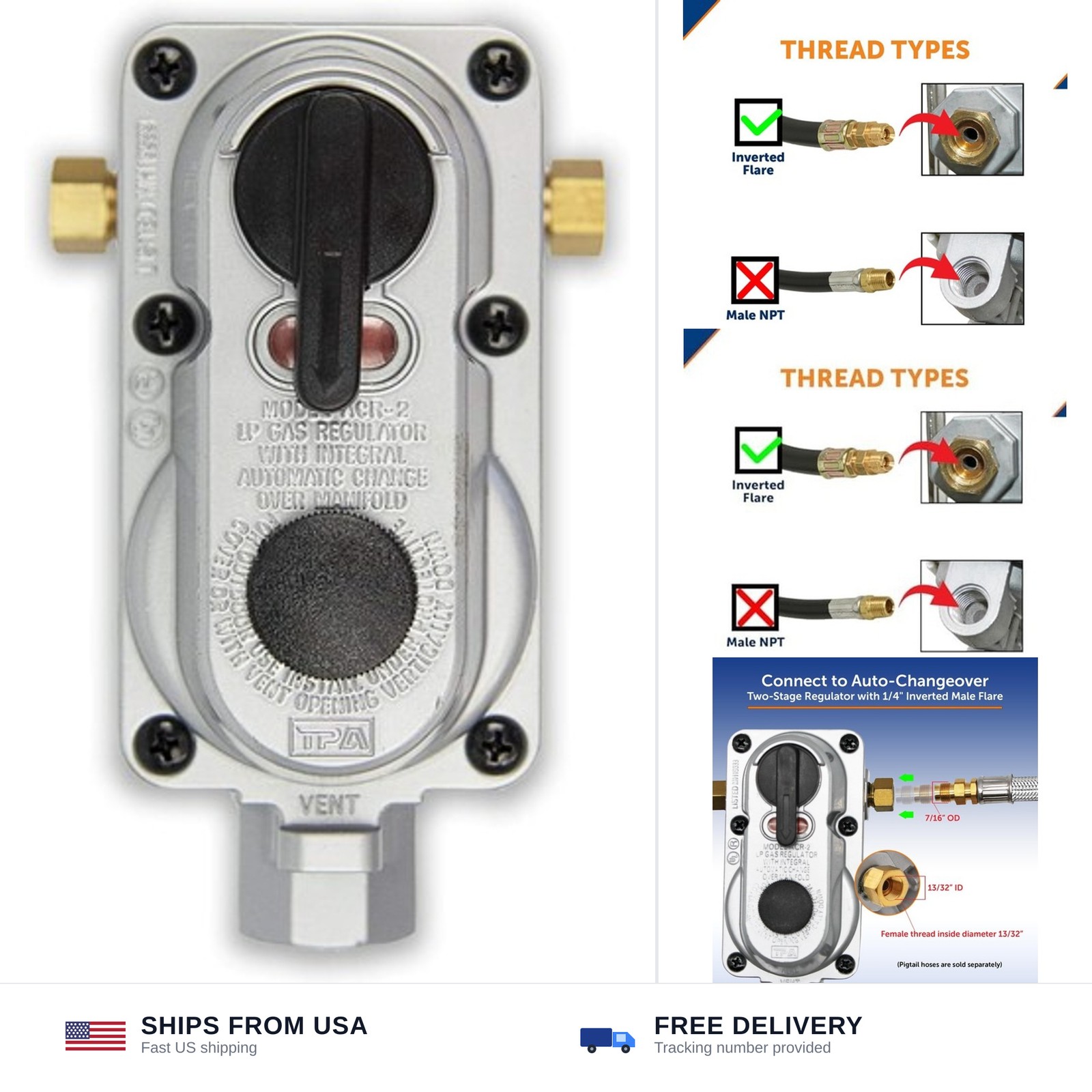 Flame King ACR-2a 2-Stage Auto Changeover LP Propane Gas Regulator for RVs, V...