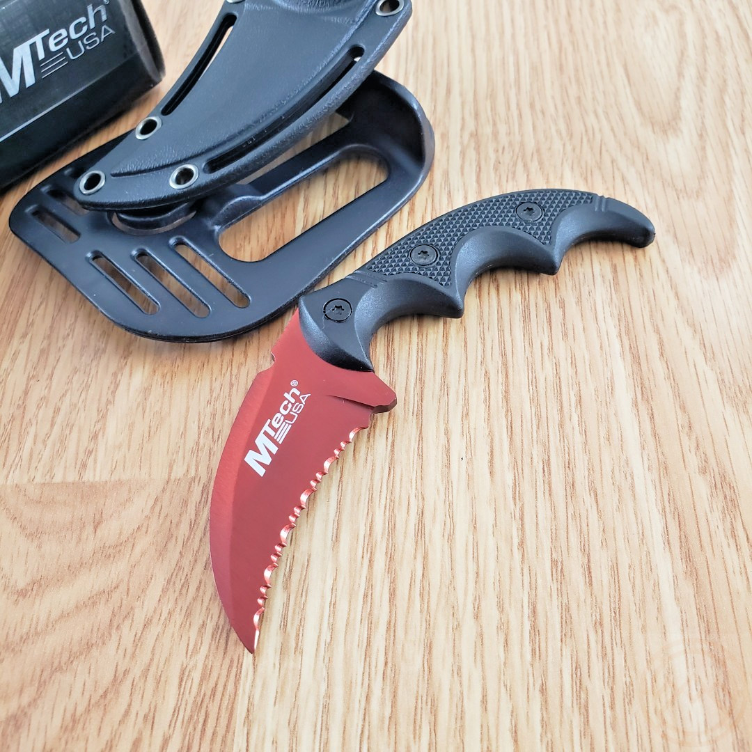 MTech Fixed Knife 2" Serrated Stainless Steel Hawkbill Blade Aluminum/G10 Handle