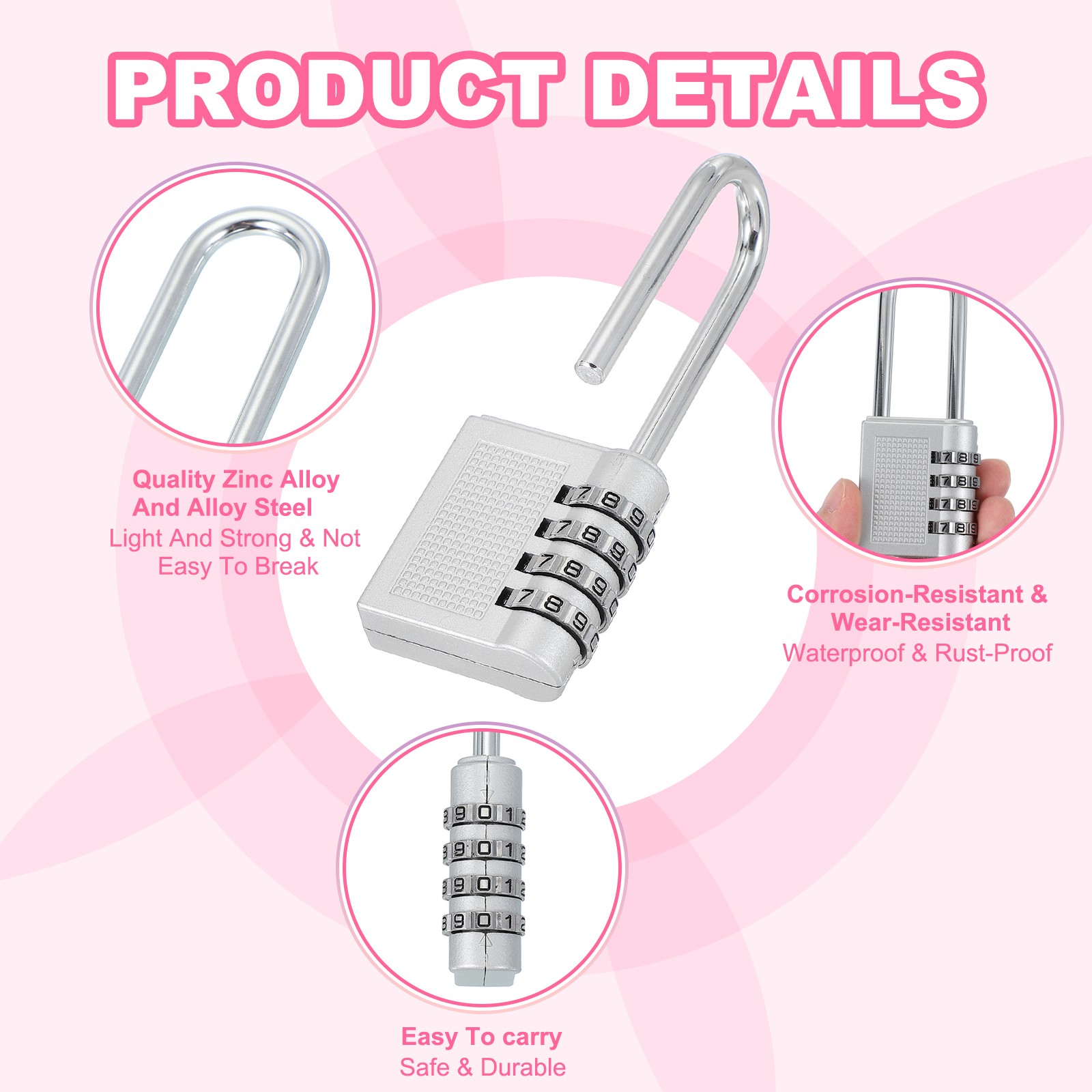 1 Pack Combination Locks Long Shackle 4 Digit Combination Padlock Silver