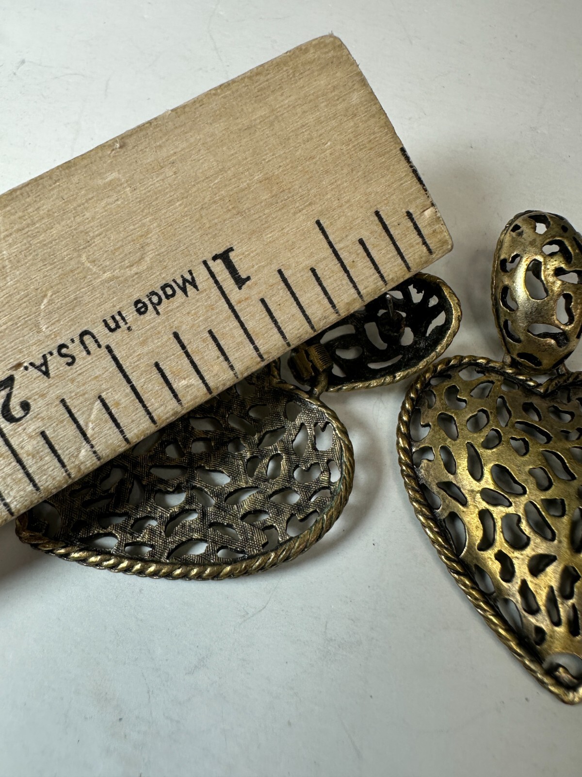 Vintage Earrings Pierced Heart Dangle Openwork Large Statement Metal