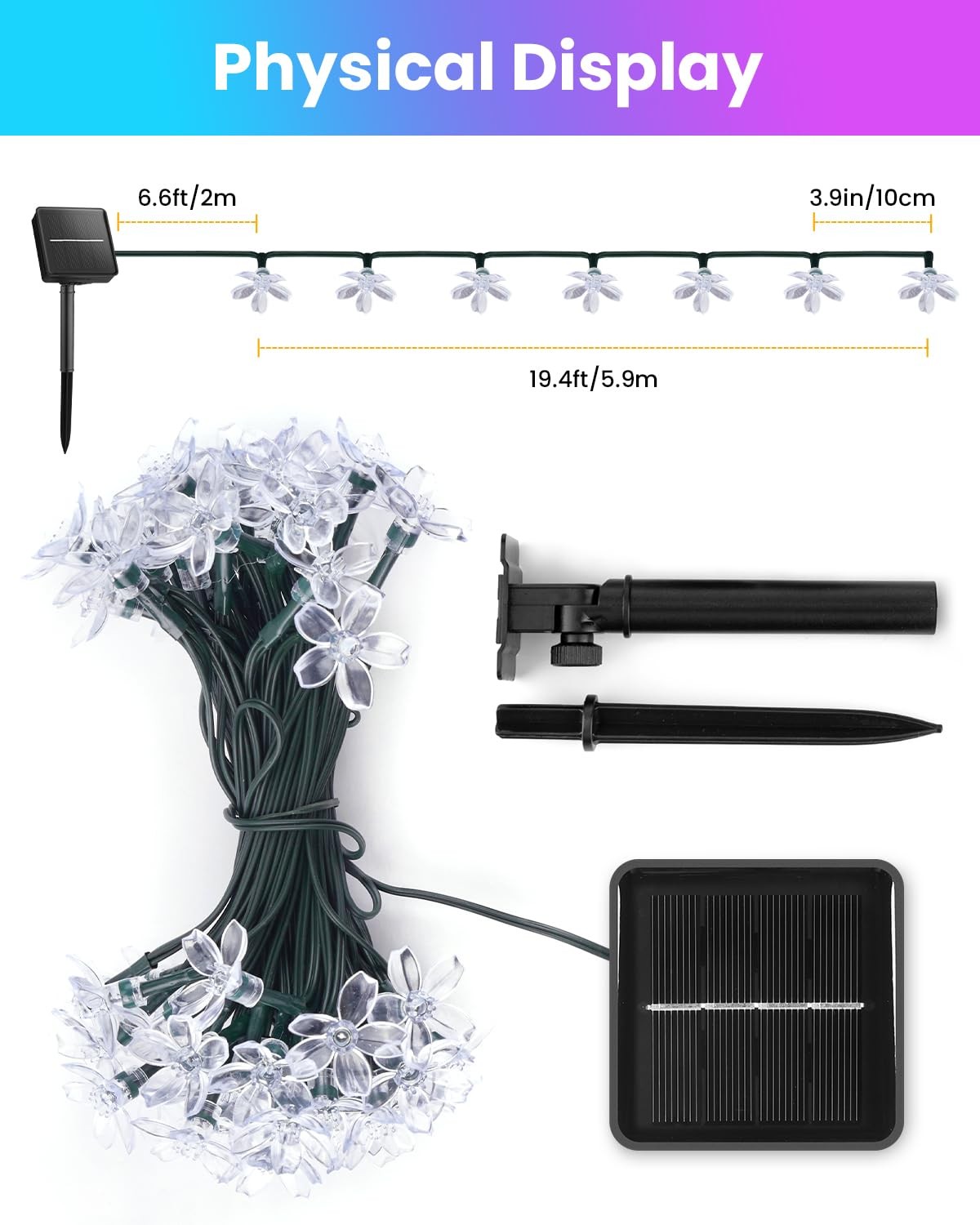Brightown 60 LED Flower Solar String Lights Outdoor 1 Pack, Multicolor