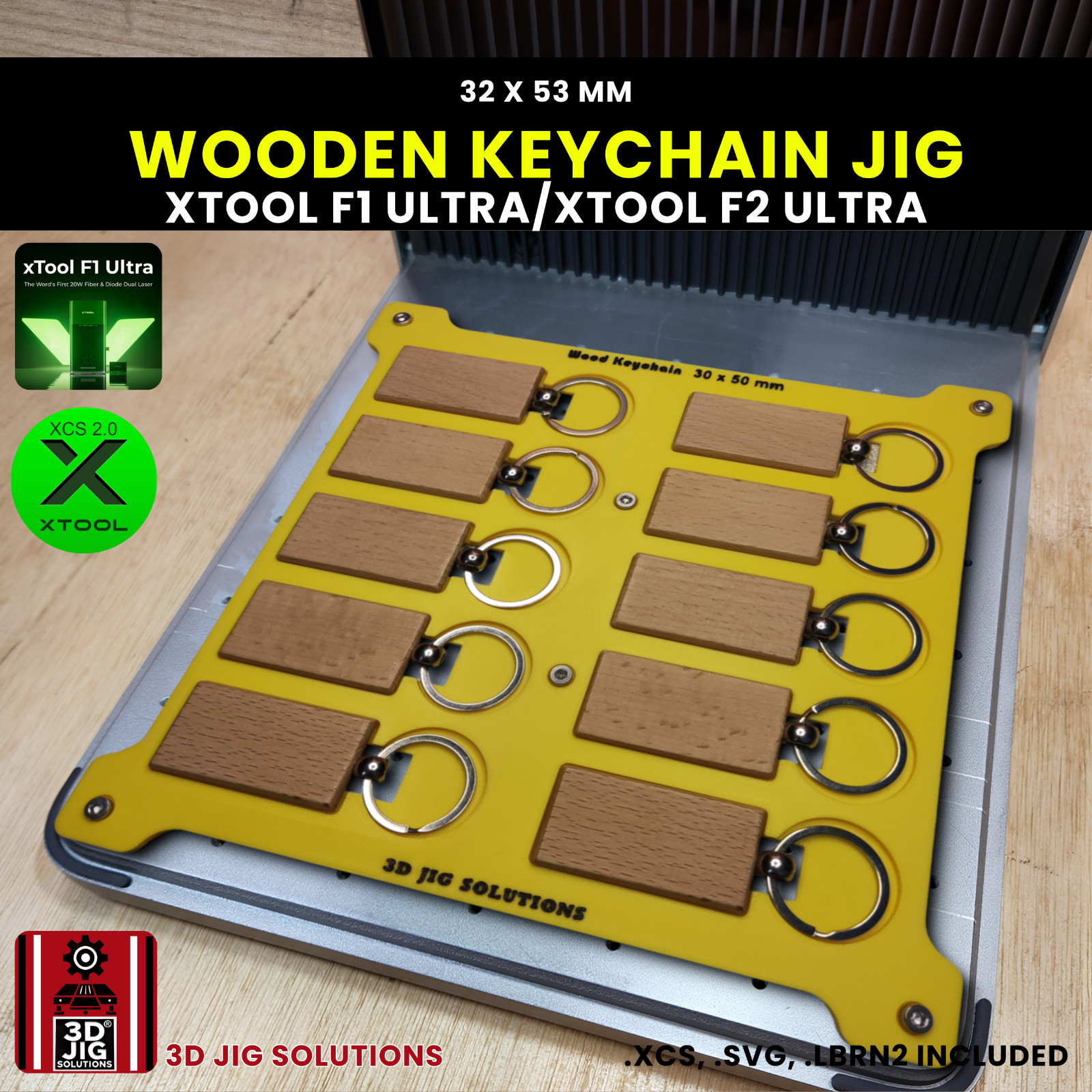 xTool F1 Ultra & F2 Ultra Rectangle Wood Keychain Jig | Laser Engraving Template