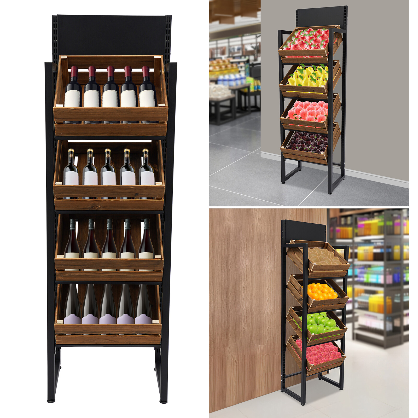 4Tier Market Retail Display Rack Shelf Merchandiser Fruit Vegetable Food Baskets