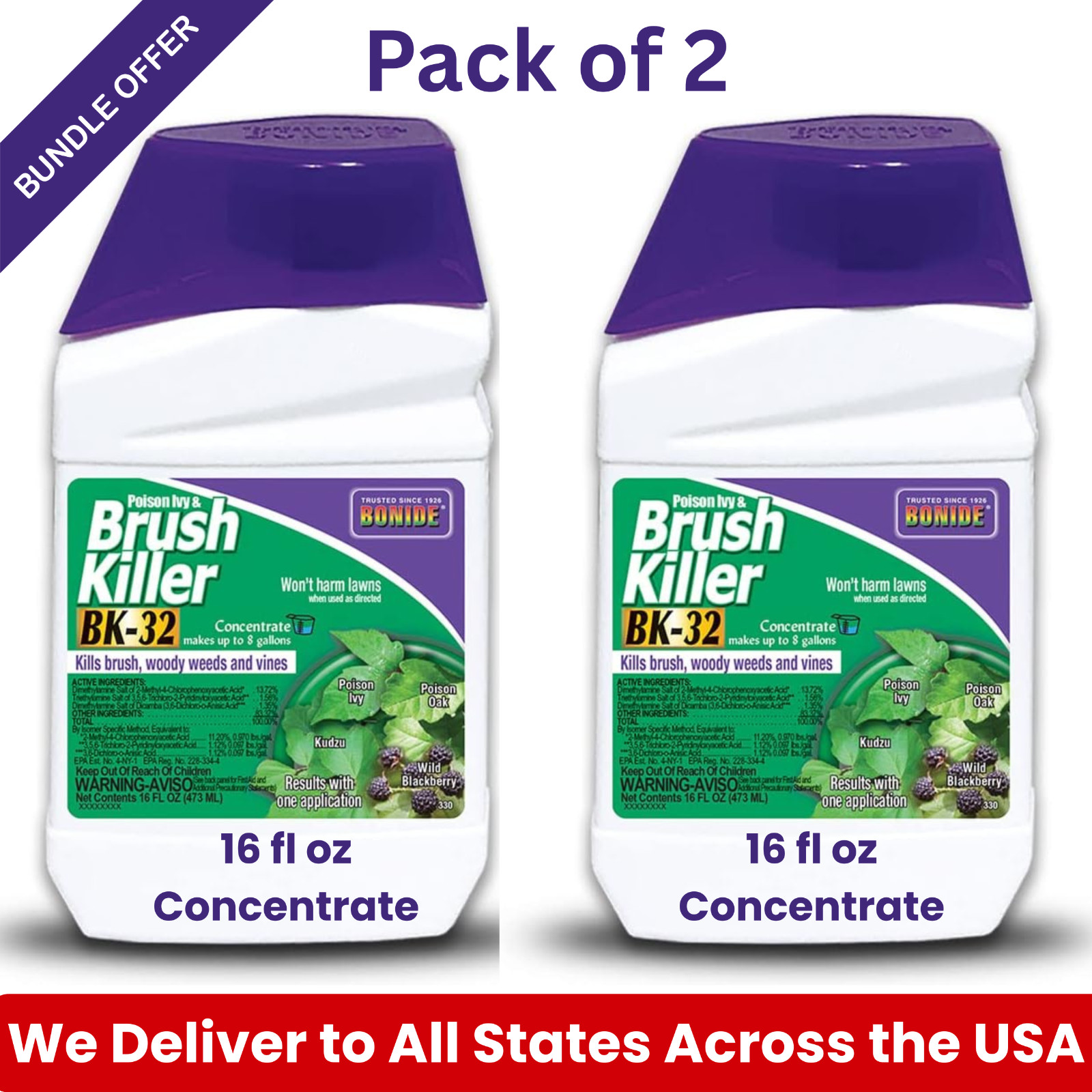 2 Pack Bonide BK-32 Poison Ivy & Brush Killer 16 oz Concentrate Kills 240+ Weeds