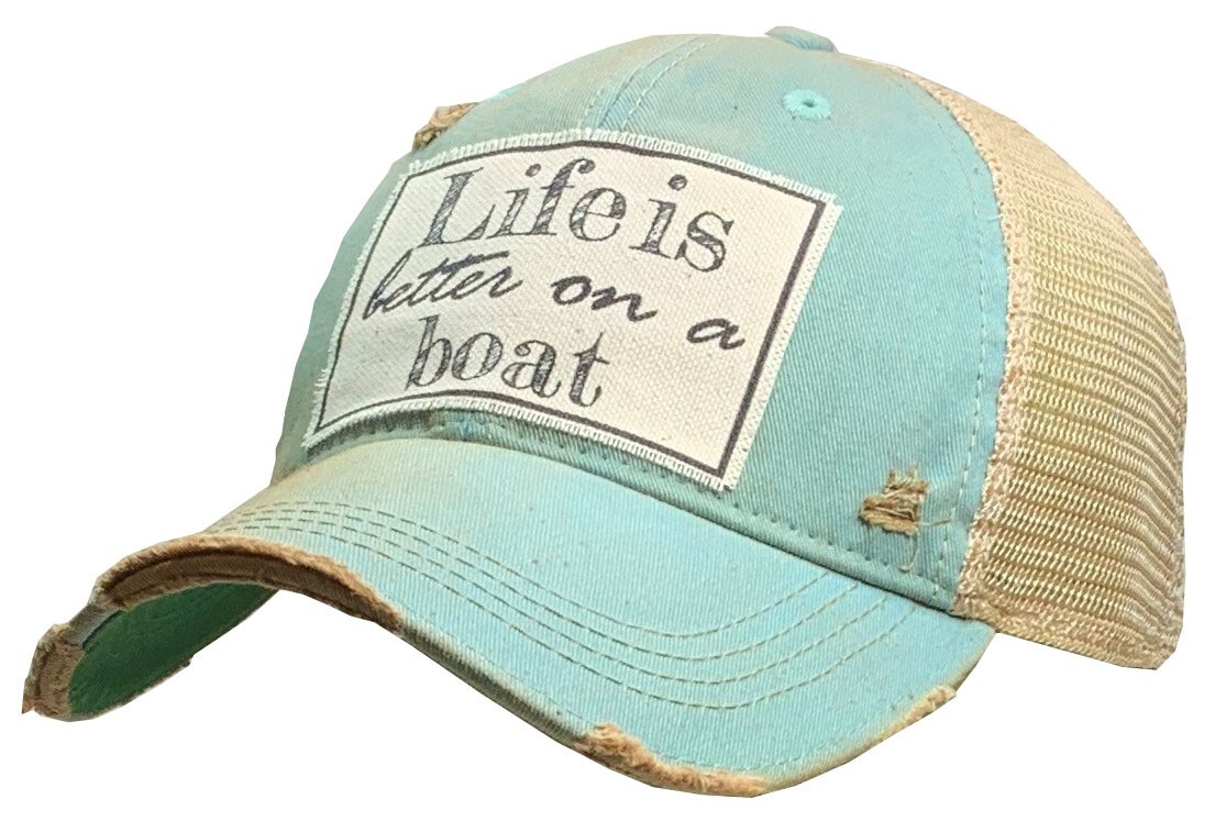 "Life Is Better On A Boat" Distressed Trucker Hat Teal Blue Unisex Cap NEW