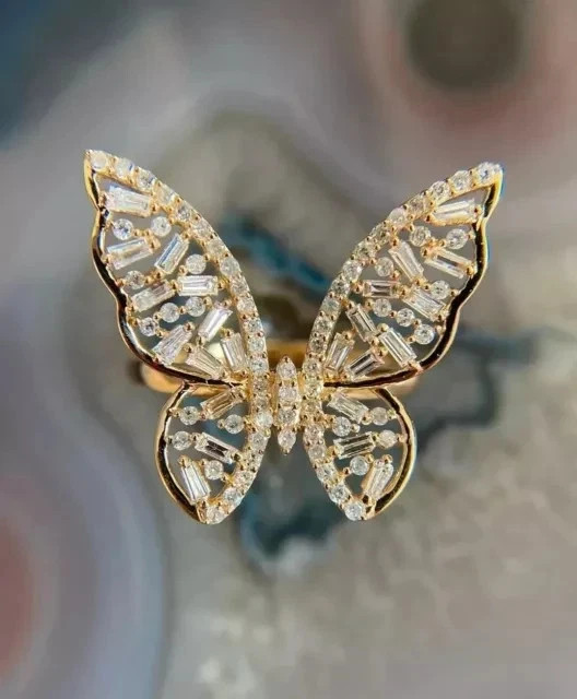 2 Ct Round Cut Lab Created Diamond Butterfly Wedding Ring 14K Yellow Gold Plated