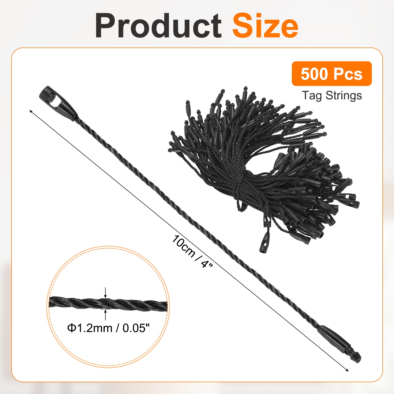 500 Pcs Polyester Hang Tag String 4" Snap Lock Pins Loop Fastener, Black