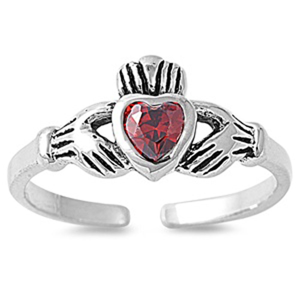 Heart Solitaire Claddagh Simulated Red .925 Sterling Silver Toe Ring