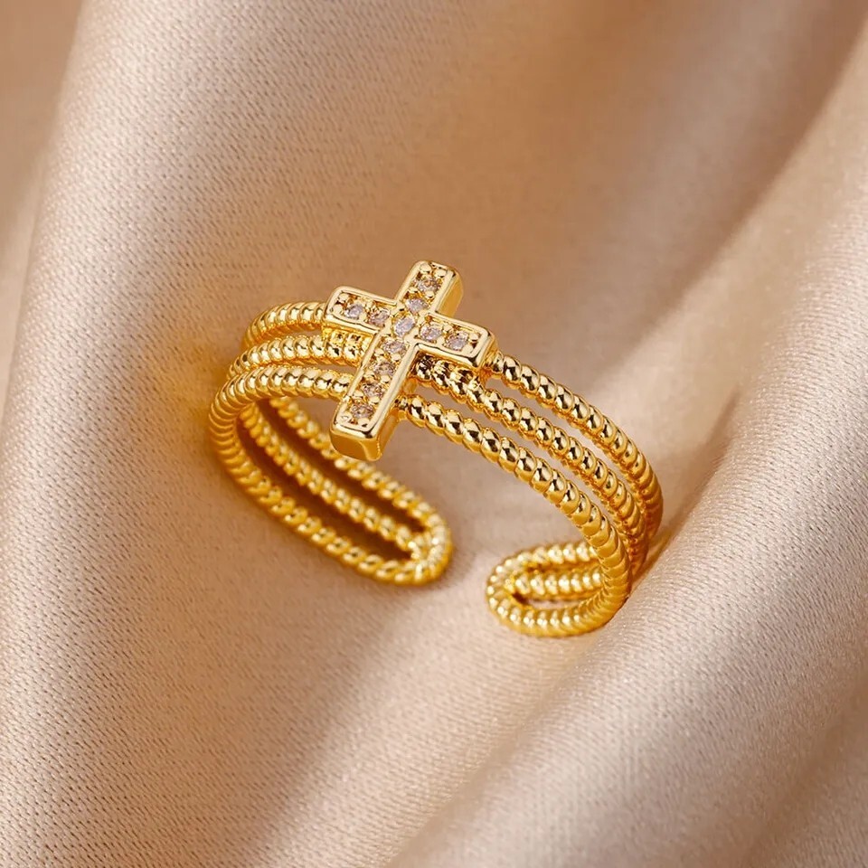 New Classic Adjustable Stainless Steel Cross Rings Unisex Silver Gold Color Open