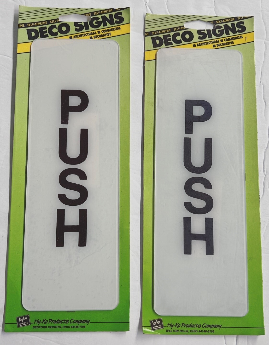 Lot of (2) HY-KO PUSH Plaque 9" By 3" Signs Self Adhesive D-10