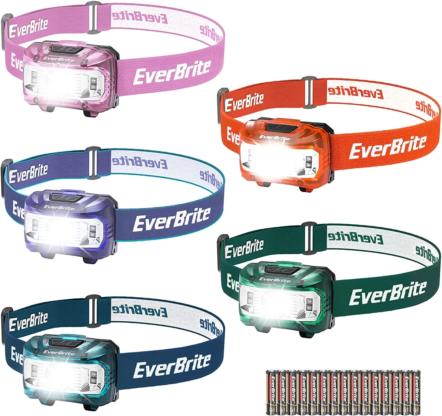 EverBrite Headlamp 5Pack w/Red Light&Memory Function 5 Modes Batteries Included