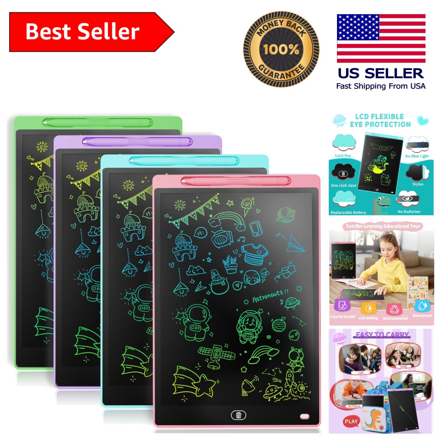 Interactive 4 Pack of 8.5-Inch LCD Writing Tablets for Toddlers - Fun & Learning