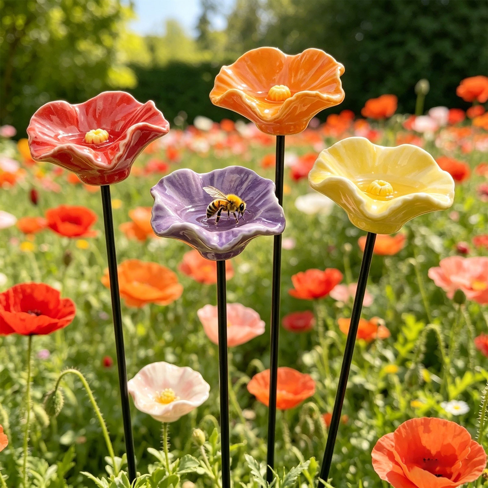 4pcs Craft-Folk Ceramic Flower Bee Water Feeder Stakes Garden Pollinator Decor