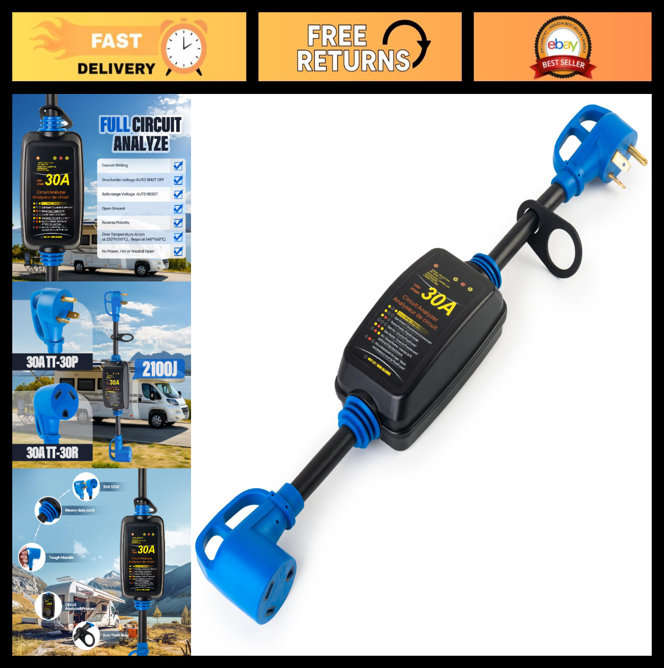 30 Amp RV Surge Protector with Circuit Analyzer, Waterproof Power Guard, LED Ind