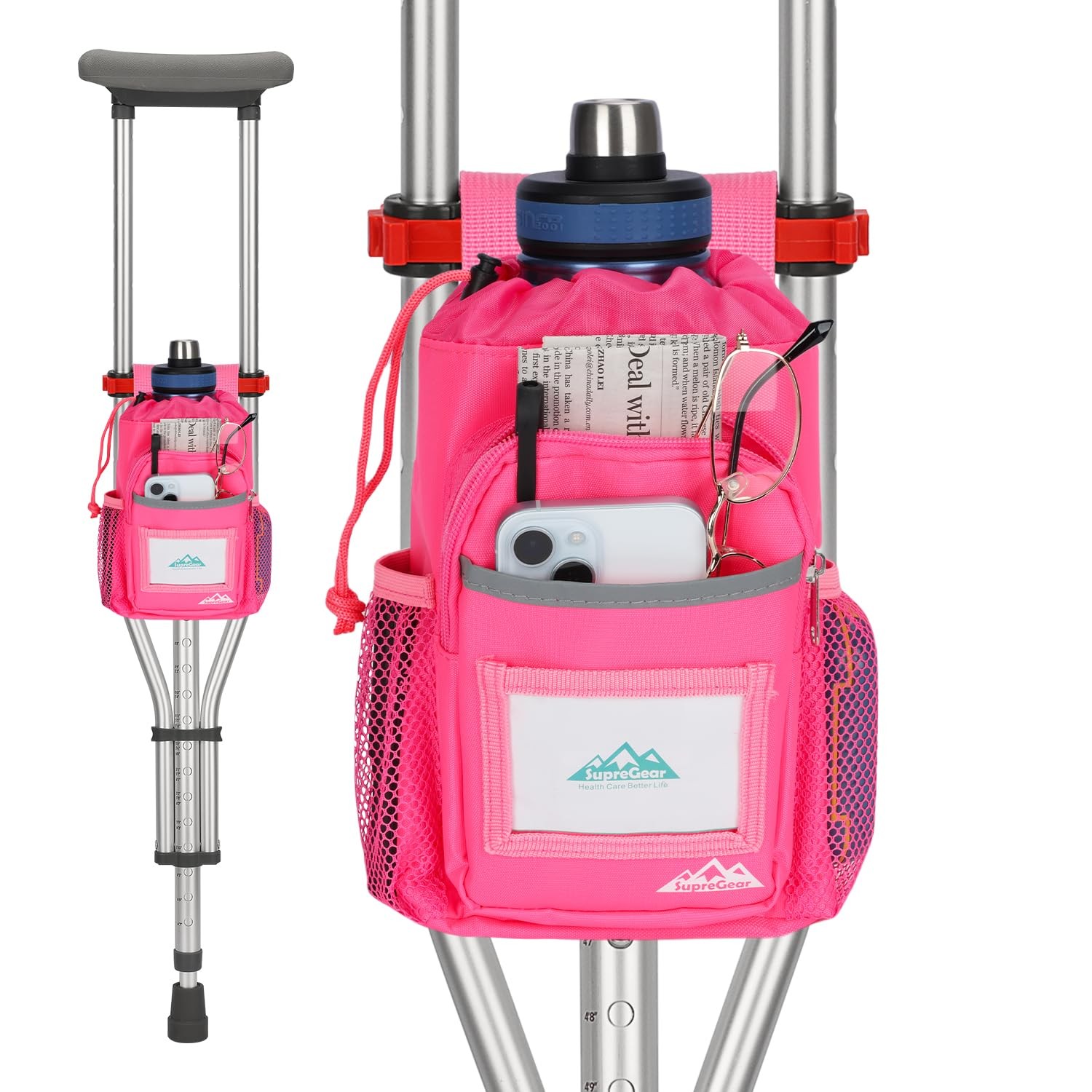 Crutch Accessories Bag, Water-Resistant Storage Pouch with Cup Holder and Mul...