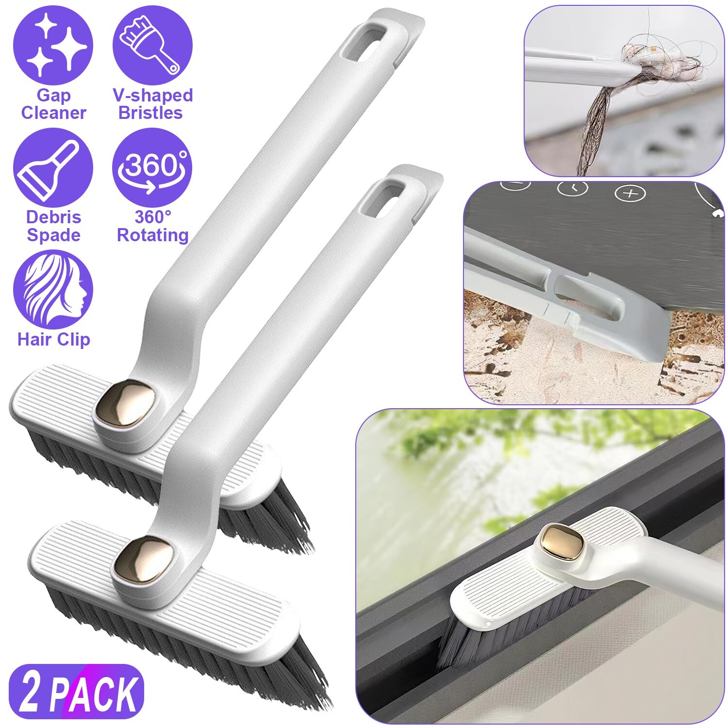 2PCS Multi-function Rotating Crevice Brush Gap Stiff Bristles Tight Spaces Clean