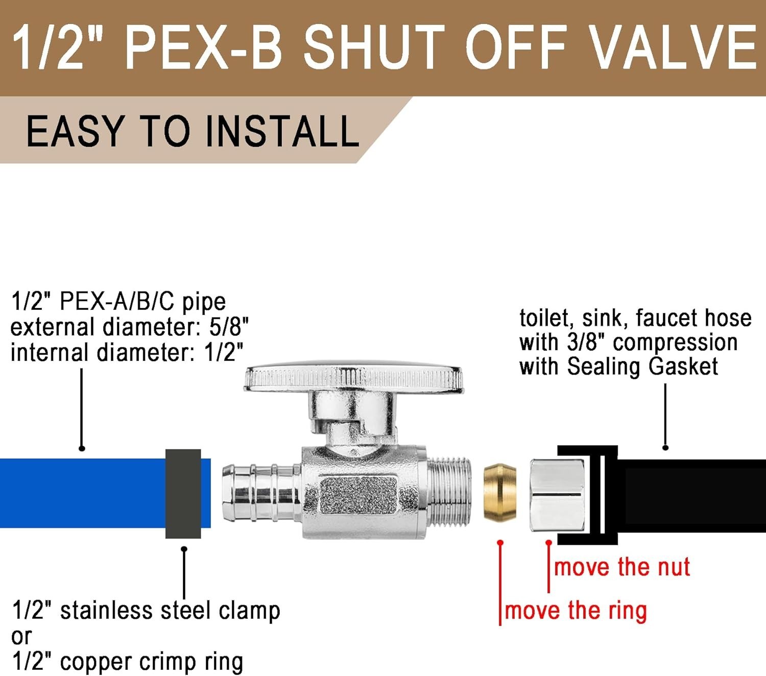 10PCS 1/2" PEX x 3/8" Compression Angle Stop Valve Brass Shut Off Valve