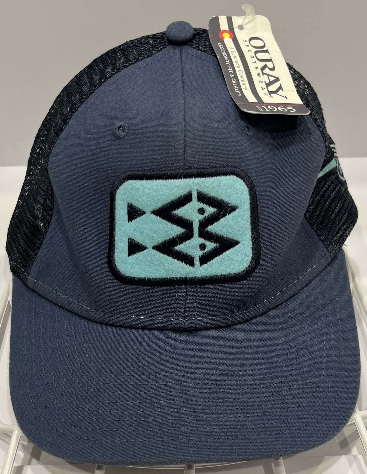 Ouray Sportswear Trucker Hat Cap Navy Blue Black Mesh Fish Logo Snapback