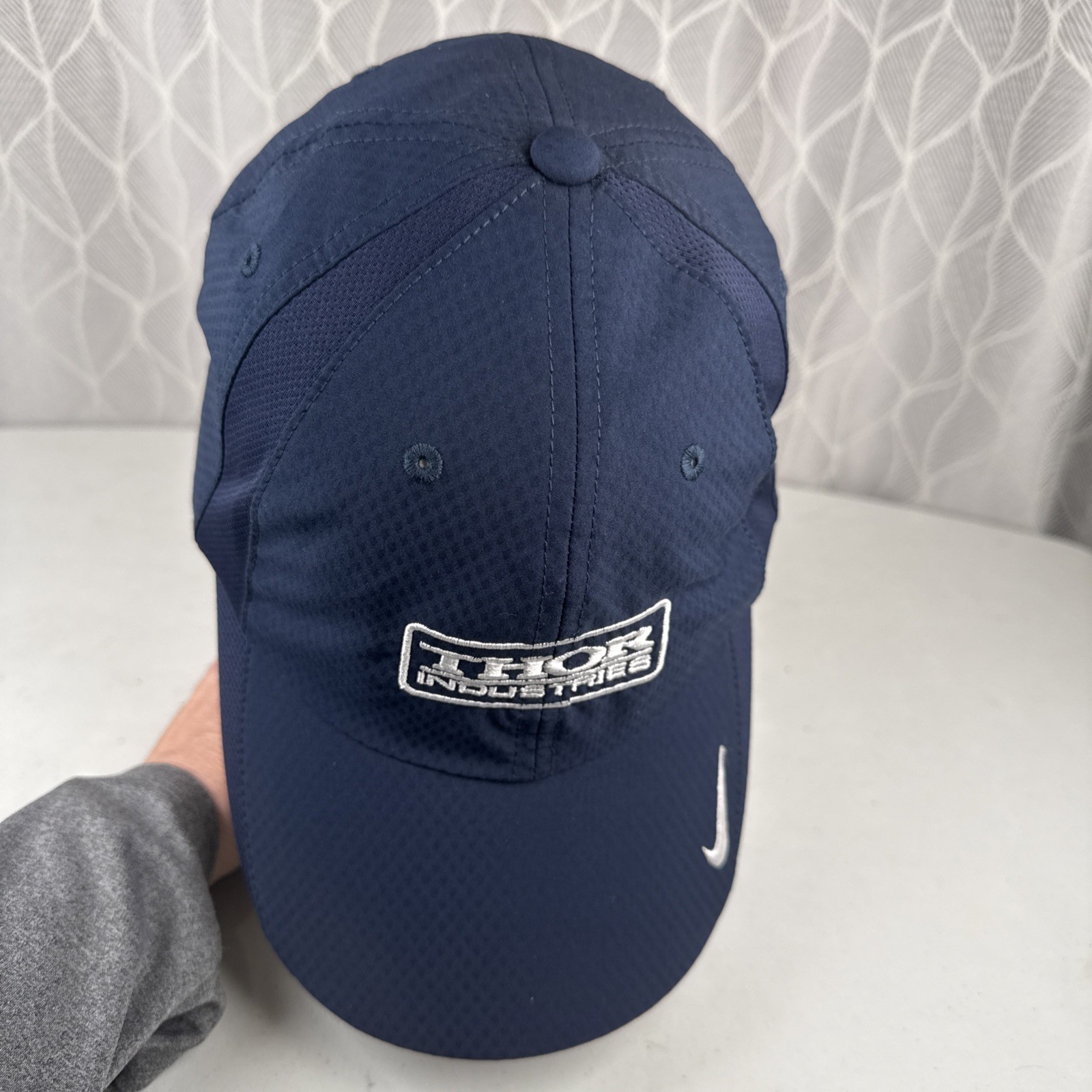 Nike Golf Hat THOR Industries Patch Navy Blue Hook Loop Nike Swoosh Front & Back