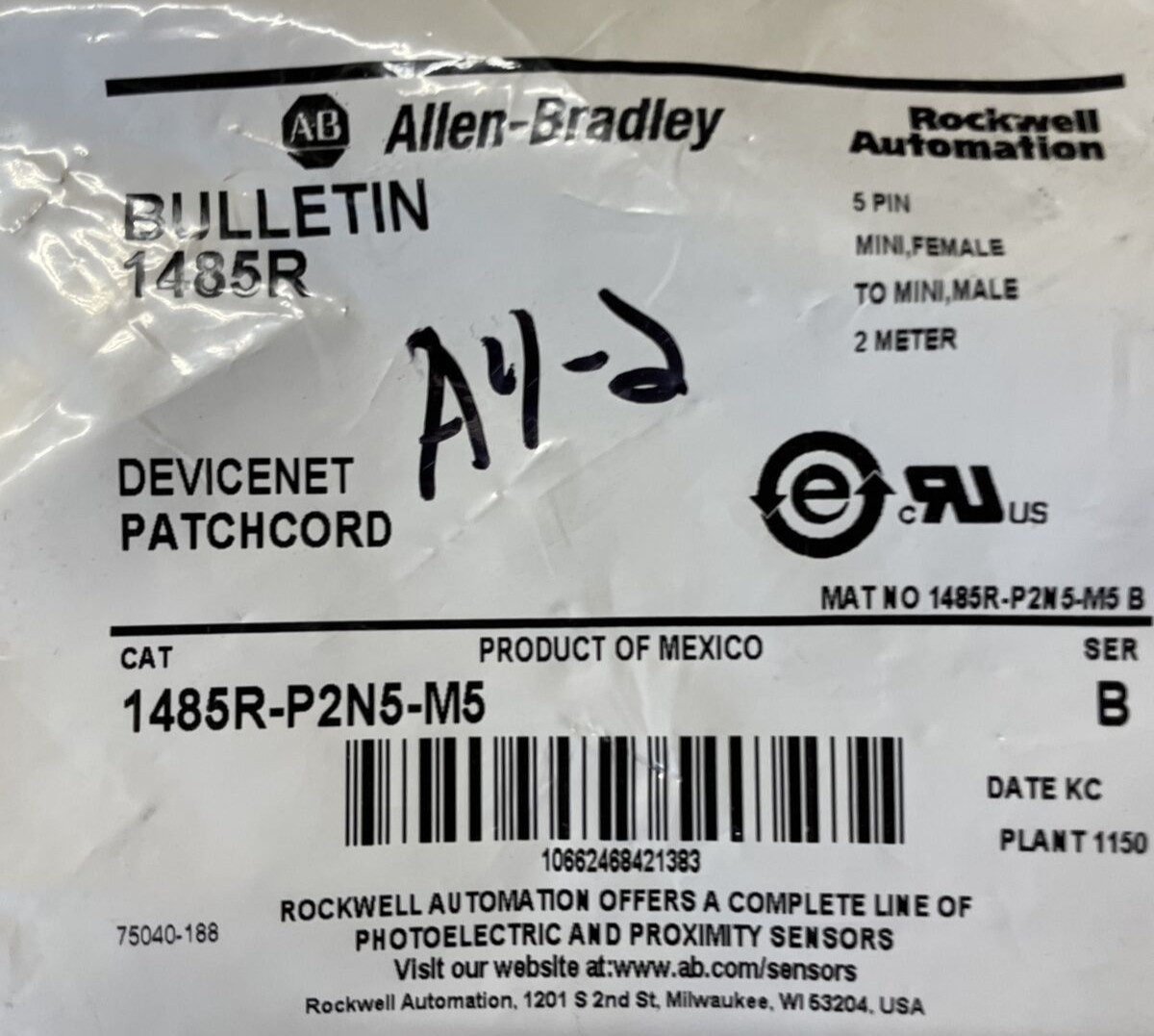 ALLEN BRADLEY 1485R-P2N5-M5 Cordset, 5 pin, Mini, 2 meter,  NEW
