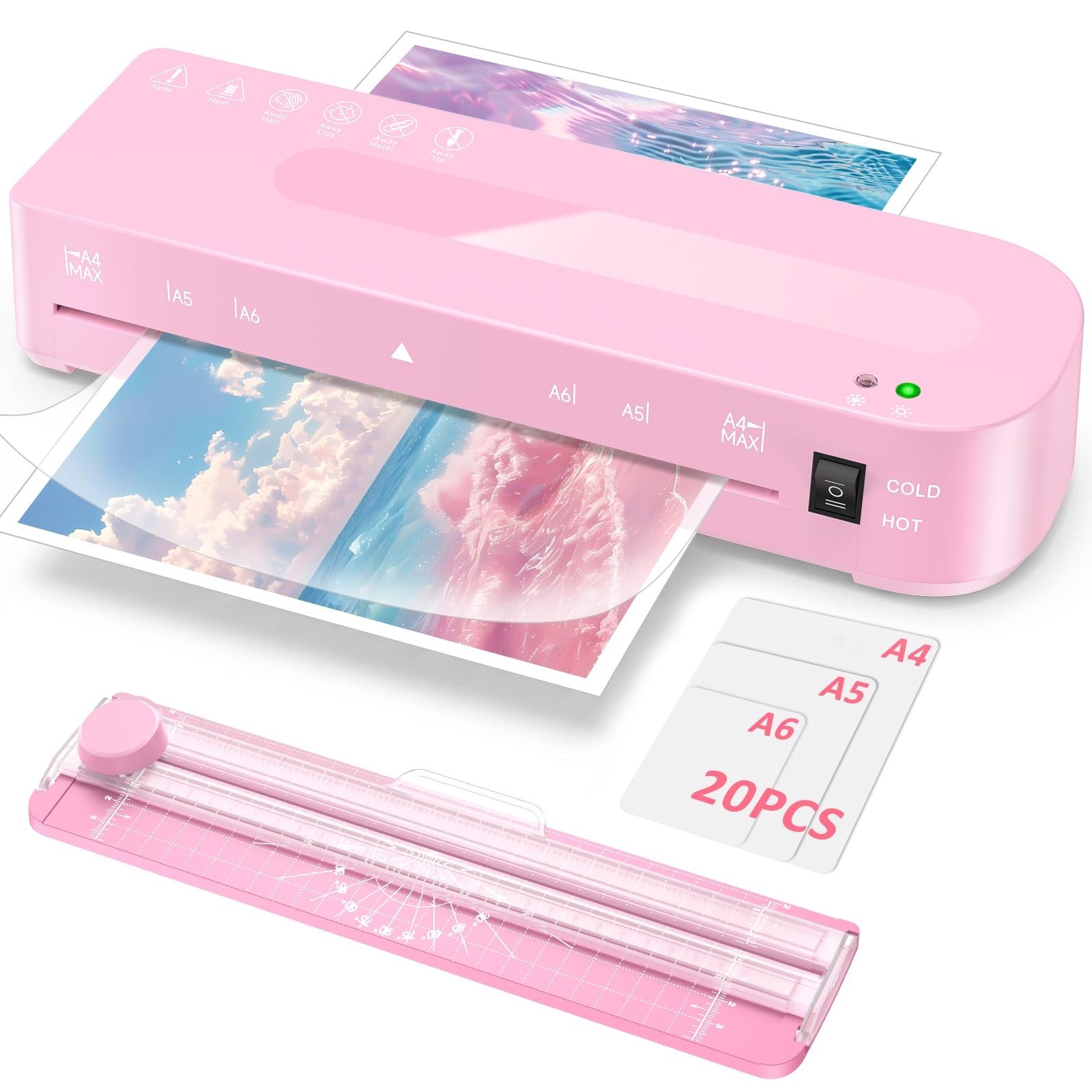 Laminator Machine with 20 Laminating Sheets, A4 Laminators Hot & Cold withTri...