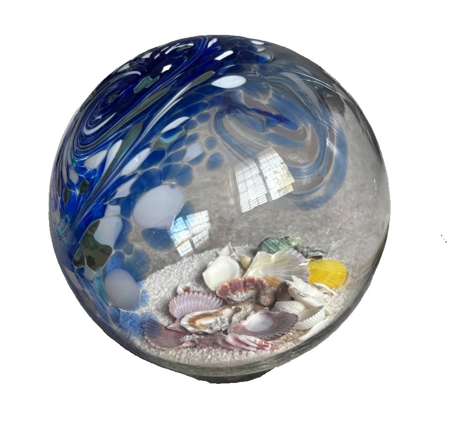 Hand Blown Art Glass Beach Globe Filled With Sand And Shells, 6x6”