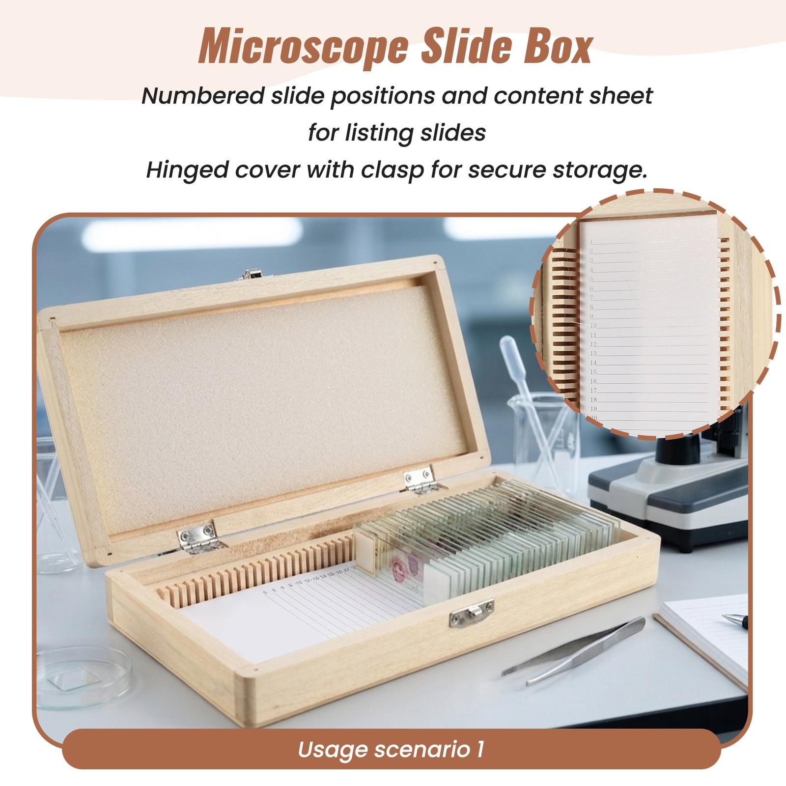 Wooden Slide Storage Box, Holds 50 Slides, Microscope Slide Box Easy2641
