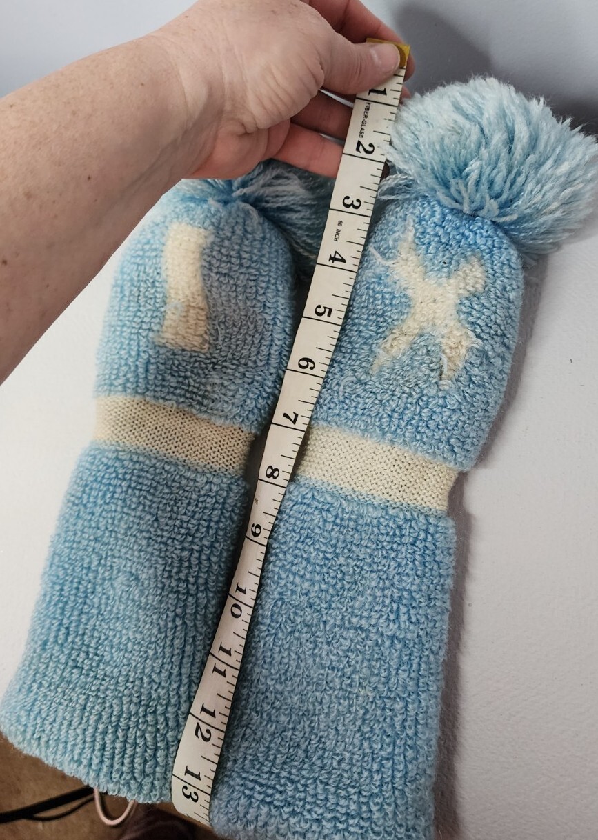 Vintage Handmade knitted baby blue white Club Head covers pom 1 and X knit