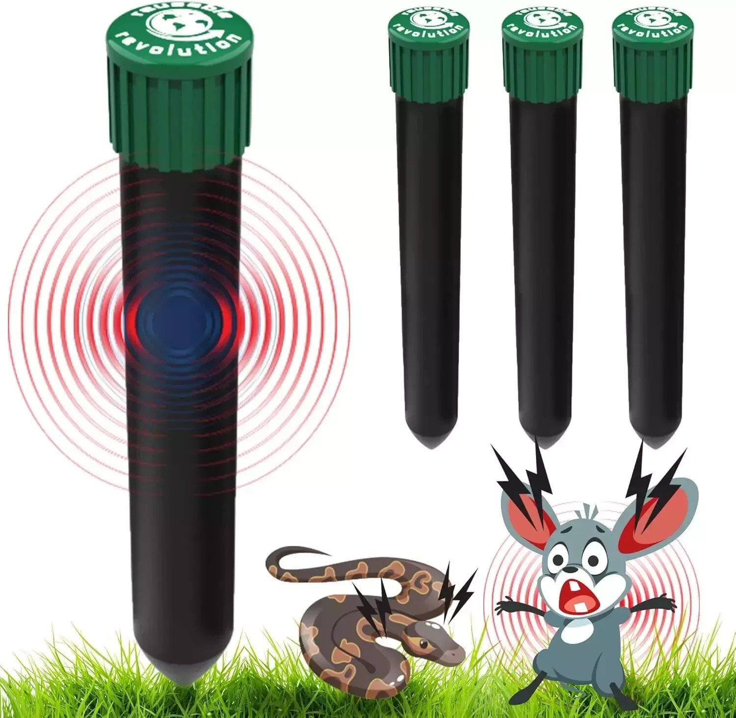 4 Pack Mole Chaser - Battery Operated Pest Repeller Stake, Scares Away Moles,...