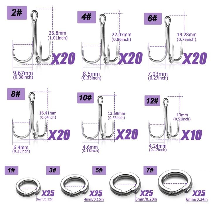 Fishing Treble Hooks & Split Rings Kit 210pcs Mixed Treble Hooks Size 2/4/6/8...