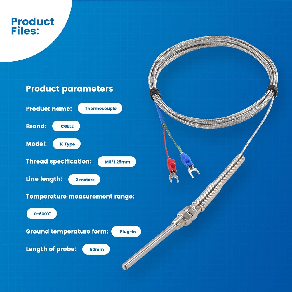 K-Type Thermocouple Temperature Sensor 0-600°C 2M Wire 50mm Probe