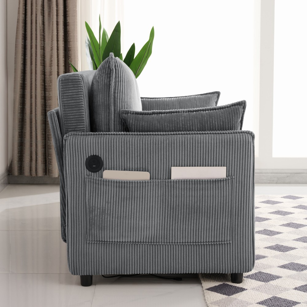 55" Convertible Sofa Bed w/ USB Ports & Storage, Grey Corduroy, Twin Size