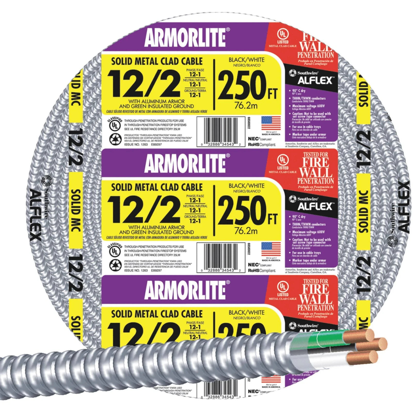 Southwire Armorlite 250ft 12/2 Solid Aluminum MC Cable Wire Wet Hazard Condition