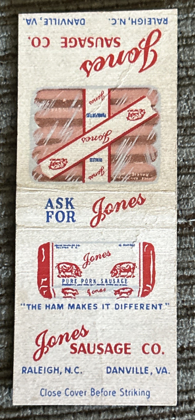Vintage JONES SAUSAGE CO. Matchbook Cover, Raleigh, N.C./Danville, Va.