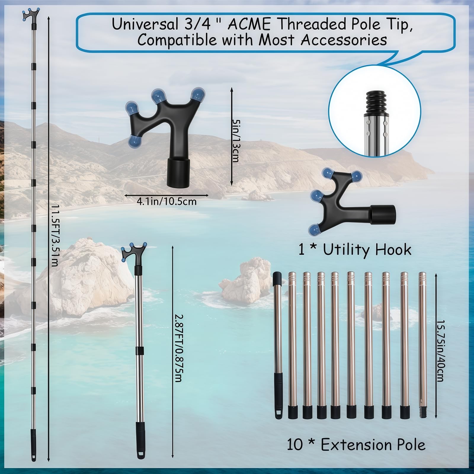Boat Hook with 3-12Ft Adjustable Extension Pole, Push Pole for Boat, Stainles...