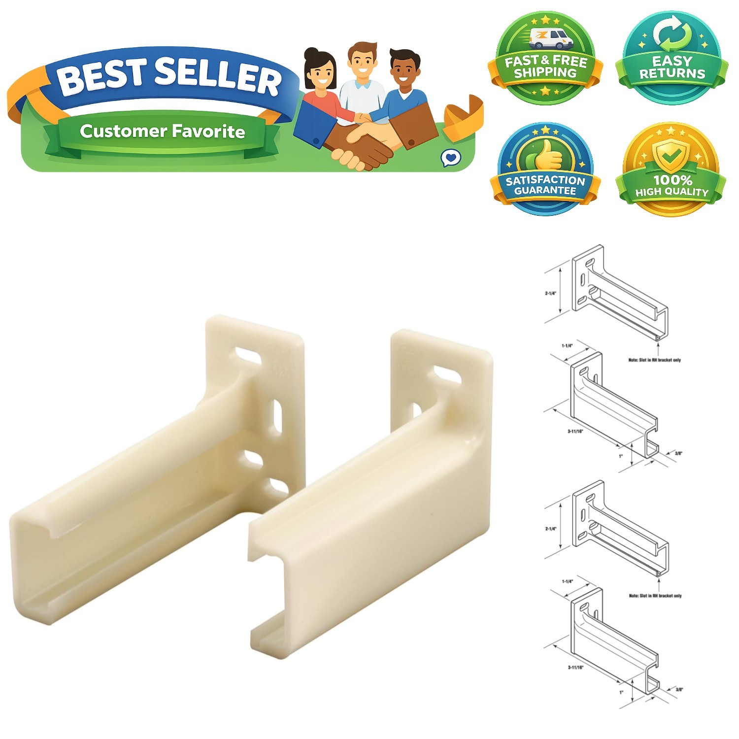R 7265 Drawer Track Back Plate, 3/8 In. x 1 In., Plastic, Off-White 1 Pair