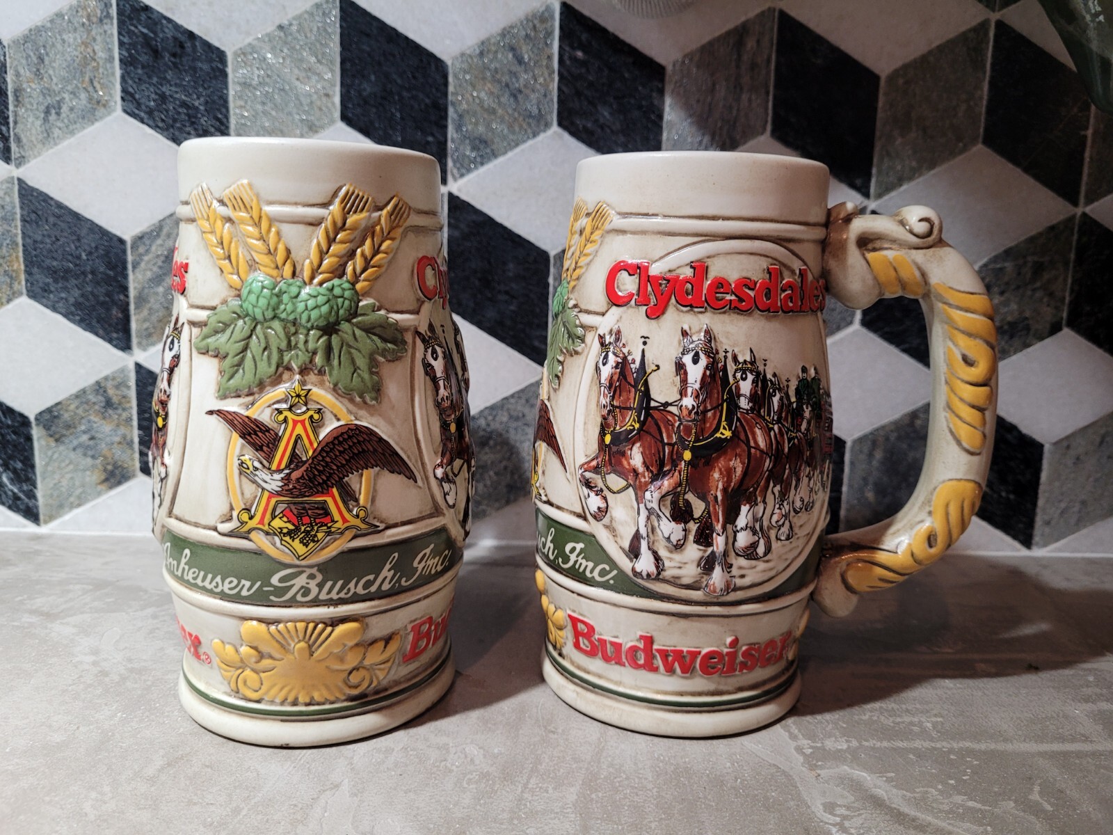 2 Vintage Budweiser Clydesdales 1983 Beer Stein Mug Ceramarte Brazil Promotional
