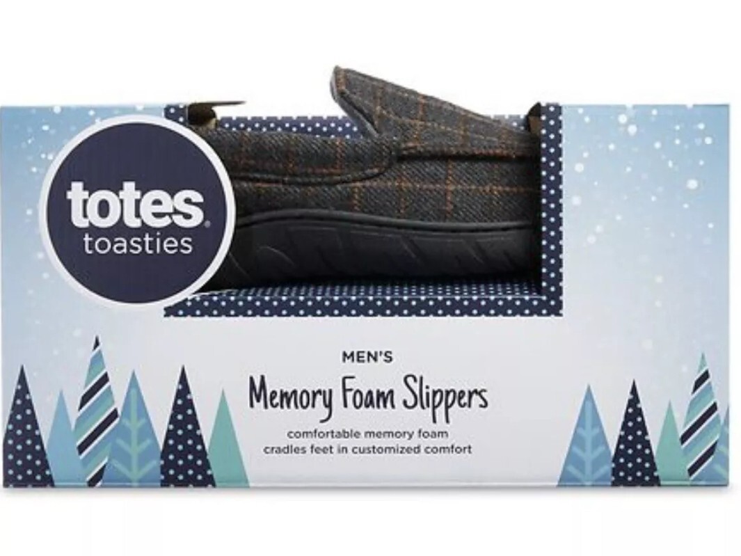 Totes Men's Memory Foam Gray Plaid Slip-on Moccasin Slippers Shoes: 8-9
