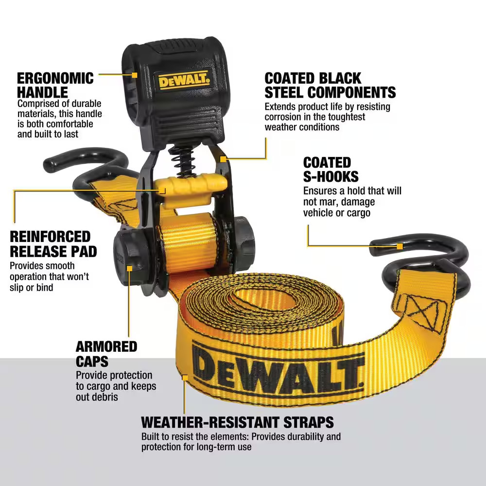 DEWALT 1.0 In. X 12 Ft. Ratchet Tie-Down Straps 1500 Lbs. Break Strength (4-Pack
