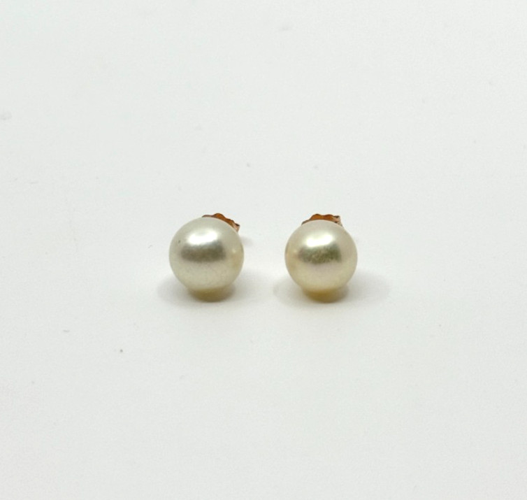 Large Vintage Japan Saltwater Cultured Akoya Pearl 14K Rose Gold Stud Earrings