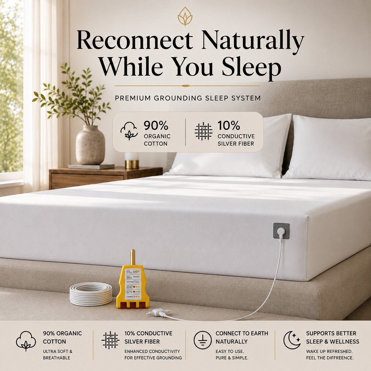 Grounding Fitted Sheet Organic Cotton 10% Silver Fiber Earthing Bed Sheet