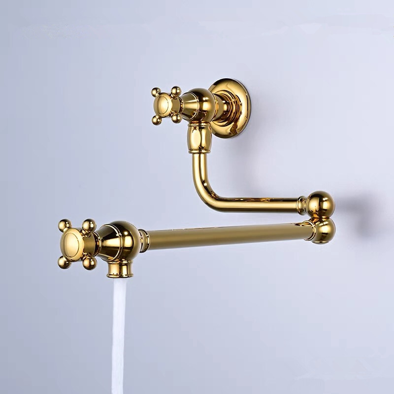Brass Pot Filler Faucet Ti-Gold Folding Kitchen Pot Filler Cold Cross 2 Handles