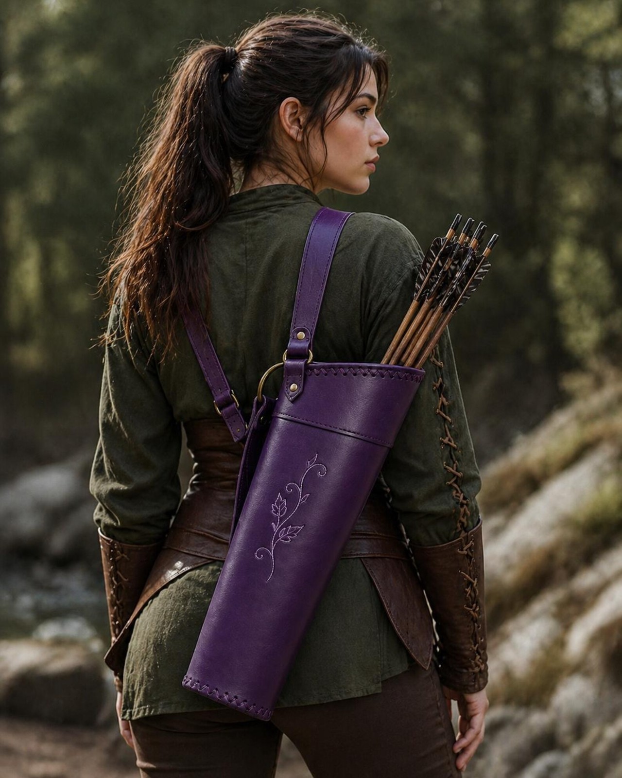 Purple leather archery quiver - embroidered arrow holder, adjustable shoulder