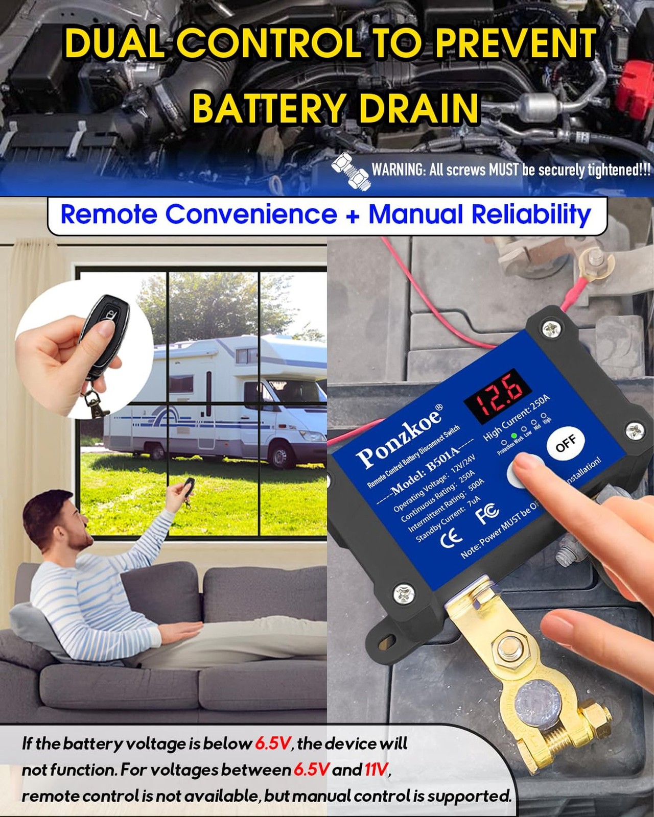 250A Smart Remote Battery Disconnect Switch 12V 24V - Quick Kill Switch for C...