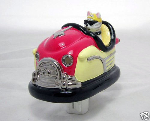 "Cattitude" Bumper Car Ceramic 3D Light & A Cool Cat Driving A Hot Rod Bumper!
