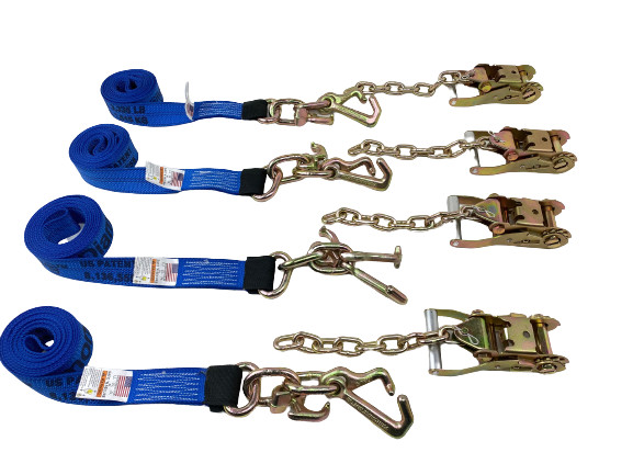 (4) | 2" x 10' RTJ Diamond Weave Straps with Chain Tail Ratchets Blue DW