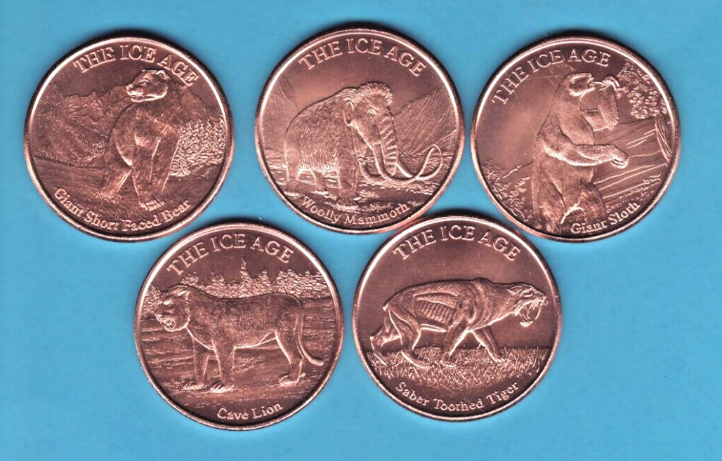 THE ICE AGE  5 coin 1 oz Copper Round SET  Lion TIGER Mammoth BEAR Sloth  POST-C