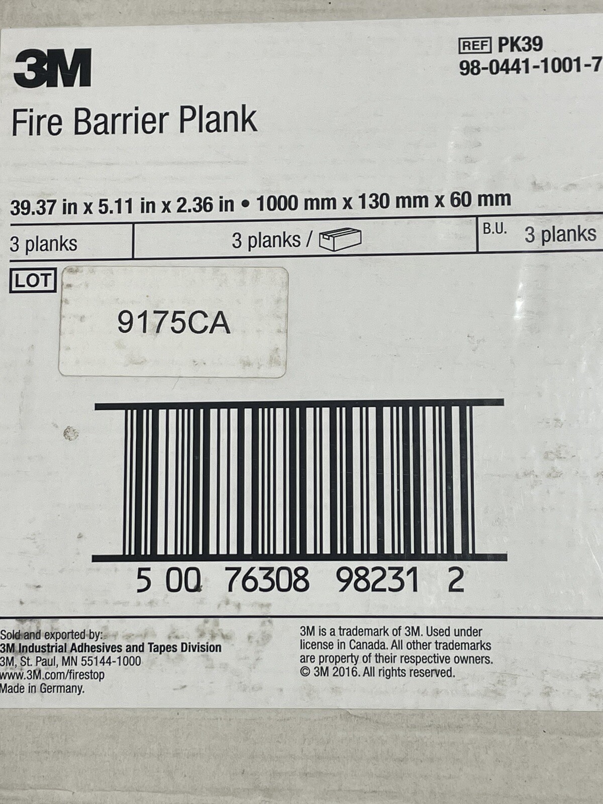 1 Plank 3M PK39 Fire Barrier Plank 39.37”x5.11”x2.36” Sold Individually ~New~
