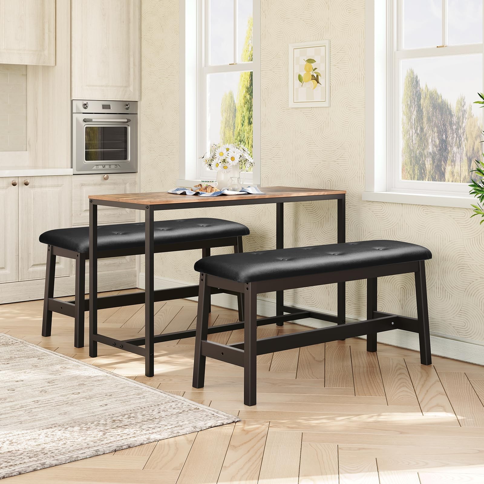 HOOBRO Dining Bench, Bamboo Dining Room Bench with PU Leather Upholstered Seat,